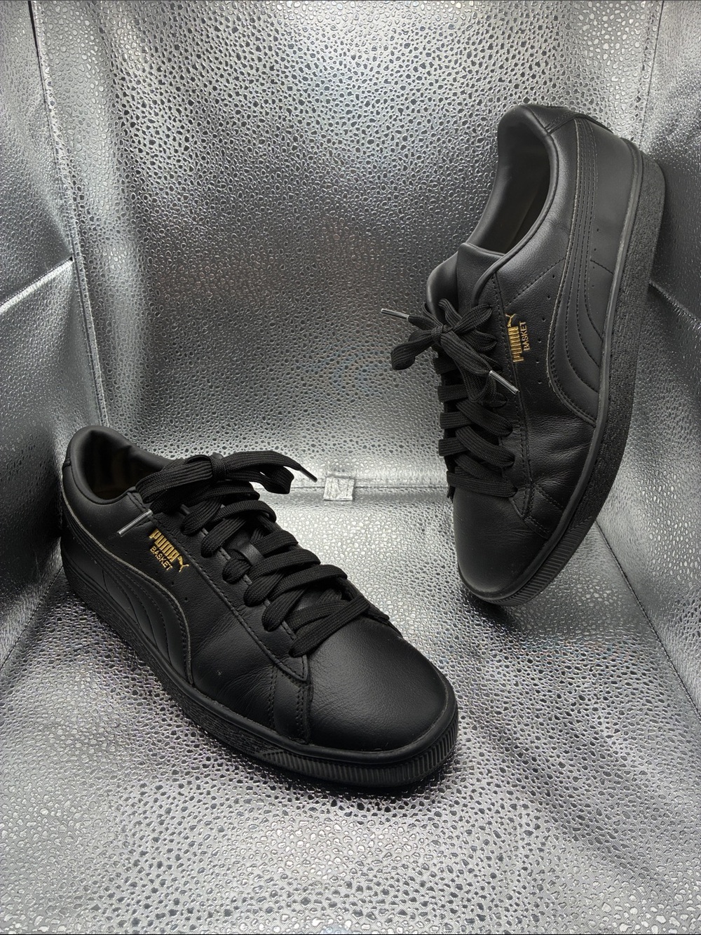 Puma Black Low-Top Leather Sneakers with Gold Logo